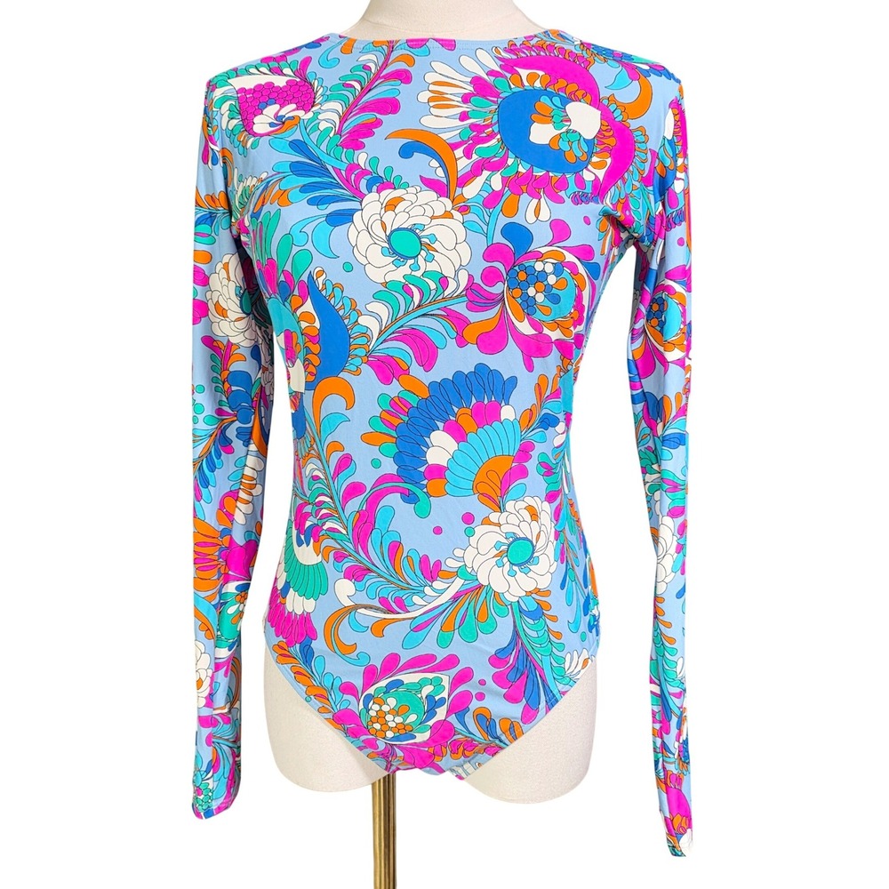 Kate‎ Spade Bodysuit Womens Medium Blue Floral Psychedelic Long Sleeve Excellent
